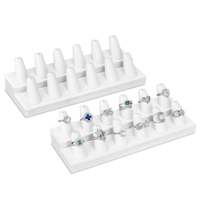 MOOCA 2 Pcs Set Priumen White Faux Leather Finger Ring Display Jewelry Organizer of 12 Rings Display Jewelry Holder of Leatherette Stand - Image 1